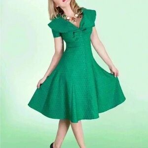 Tatyana Green with Black Polka Dot Rockabilly Stretch Bow Button Front Dress M
